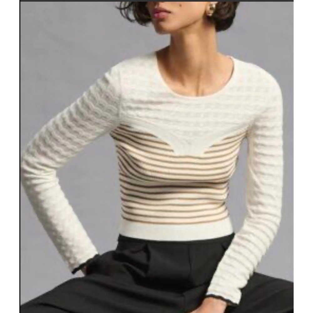 Maeve Anthropologie Women M Pointelle Striped Knit Sweetheart Sweater Boho